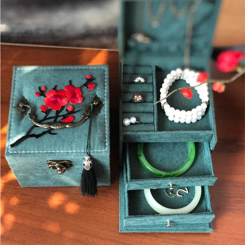 Afralia™ Three-Layer Floral Embroidery Jewelry Organizer & Makeup Box