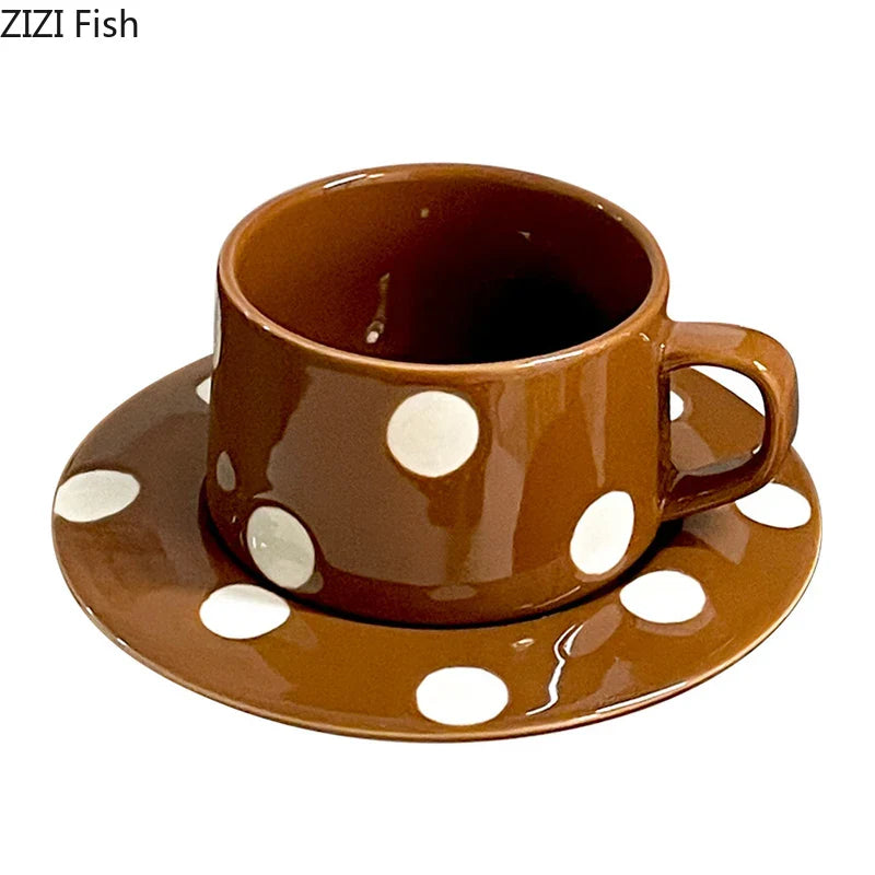 Afralia™ Polka Dots Ceramic Cup&Saucer Set - Modern Mugs for Coffee, Tea, Juice