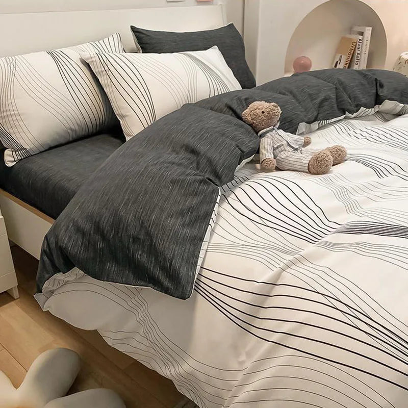 Afralia™ Pure Cotton Striped Bedding Set Duvet Cover Fitted Sheet Kit for Single/Double