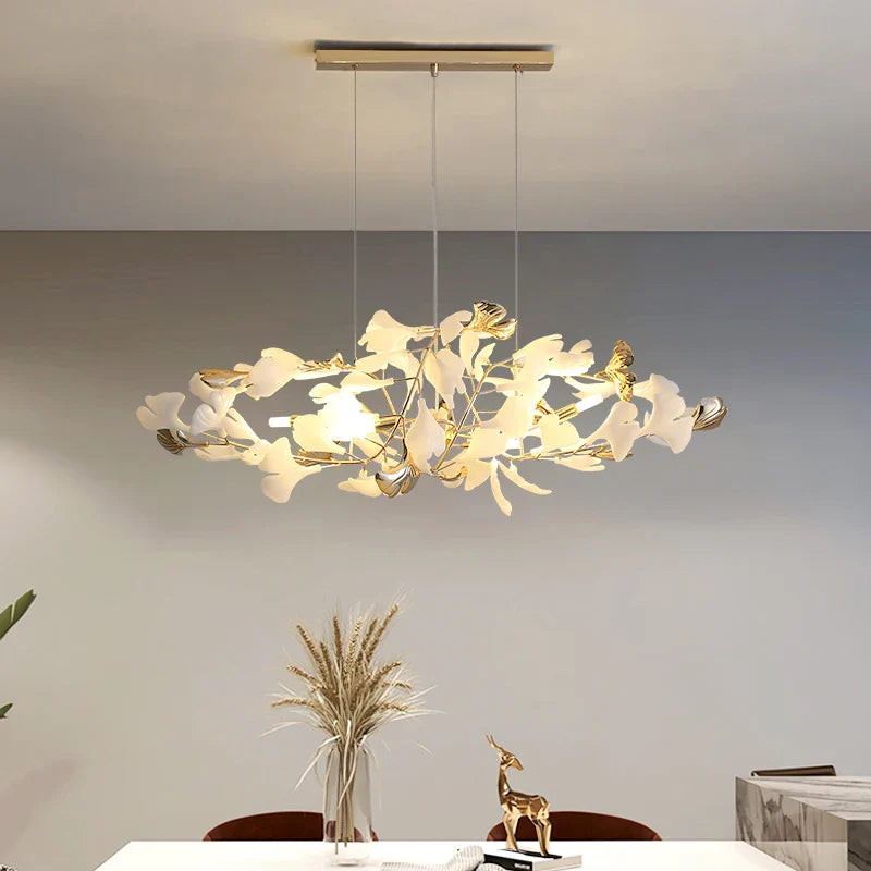 Afralia™ Gold Branches Chandeliers with Porcelain Leaves Pendant Light - Luxury Living Room Decor