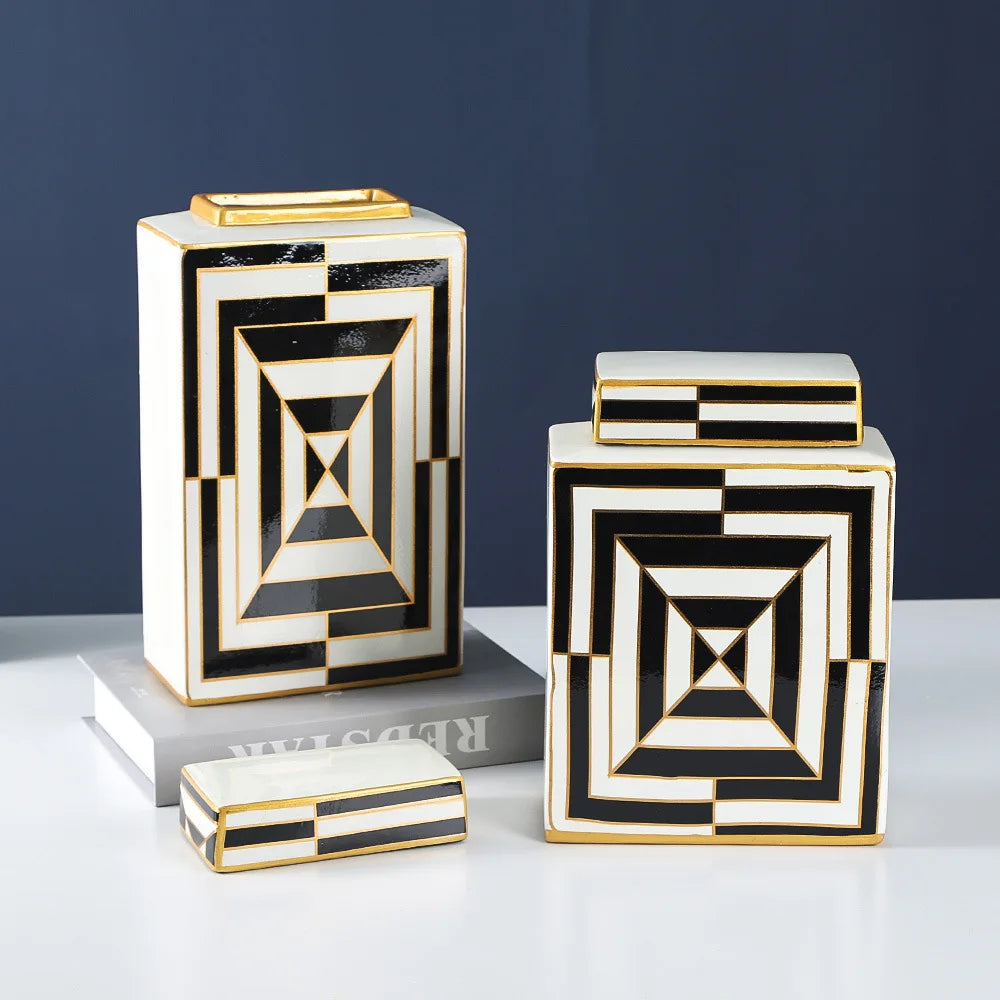 Afralia™ Symmetrical Lines Ceramic Jar with Lid: Decorative Flowers Vase & Porcelain Storage Jar