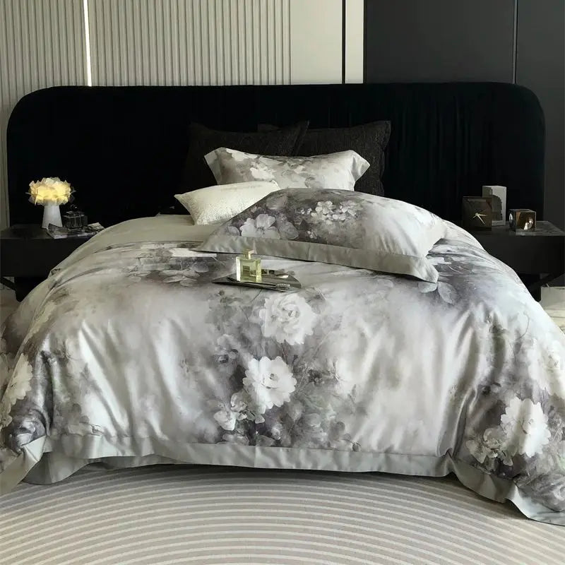 Afralia™ Flowers Pattern Brushed Bedding Set: Duvet Cover, Bed Sheet, Fitted Sheet, Pillowcase 4Pcs