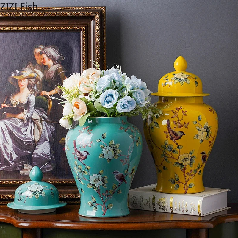 Afralia™ Ceramic Bird & Flower General Jar - Large Capacity Sealed Storage & Vase