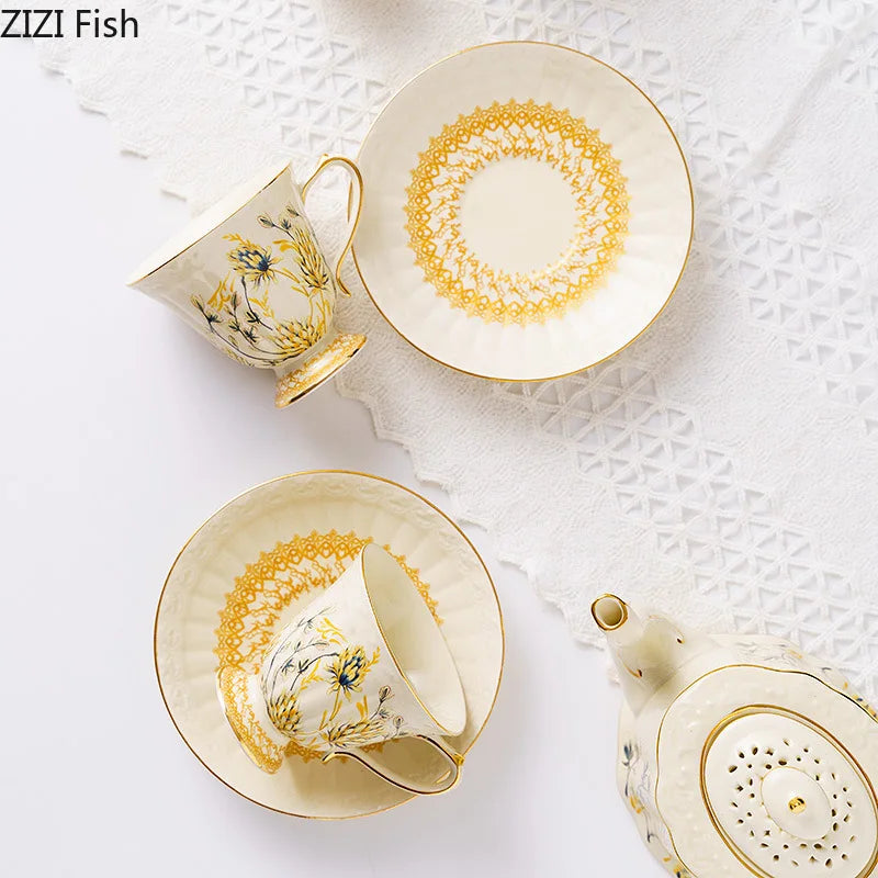 Afralia™ Wheat Ear Ceramic Cup & Saucer Set, Gold-plated Coffee Mug, Tea Cup, Juice Container