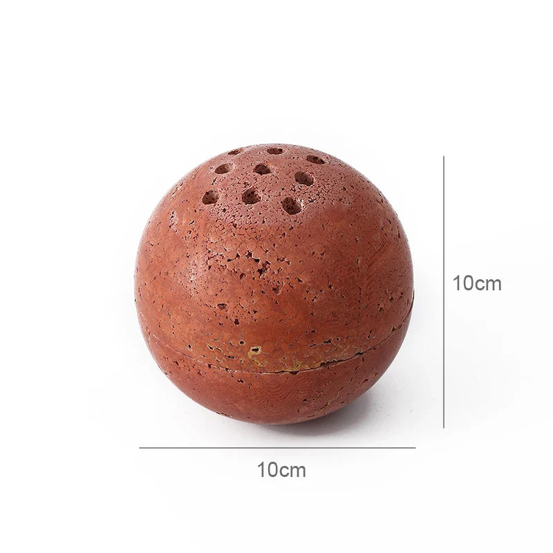 Afralia™ Beige Travertine Marble 9-Hole Sphere Incense Burner Burner Wood Plate Holder