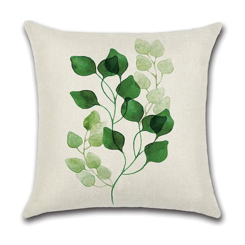 Afralia™ Green Leaves Decorative Pillow Case - Simple Style Cotton Linen Sofa Cushion Cover