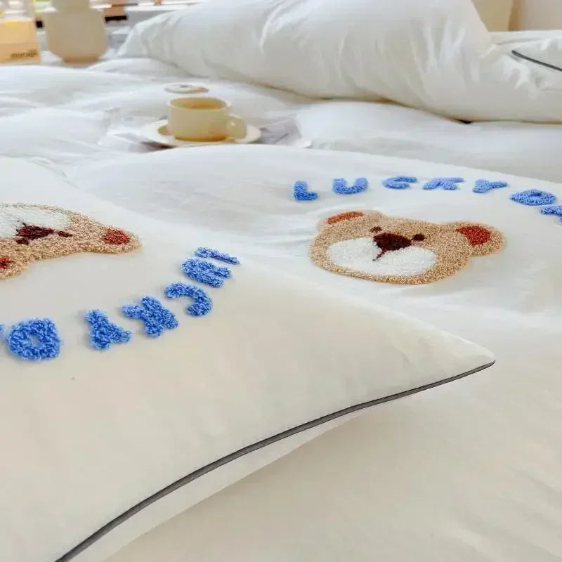 Afralia™ Cute Bear & Sheep Embroidery Bedding Set for Single/Double Bed