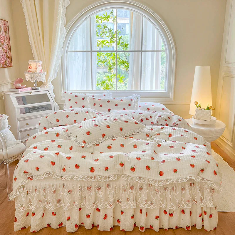 Afralia™ French Lace Ruffles Seersucker Bed Set: 4Pcs Princess Bedding Quilt Cover