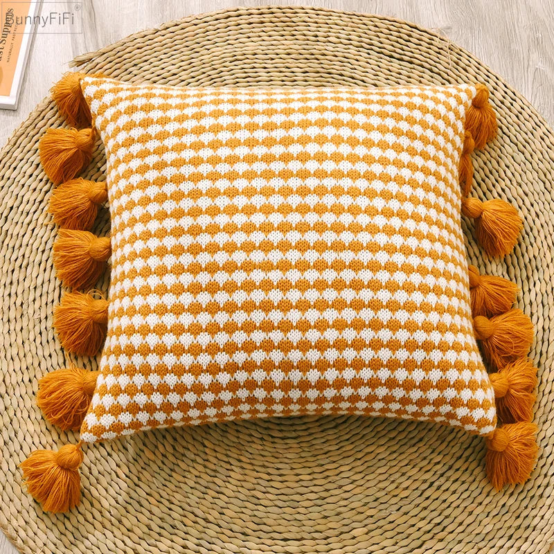 Afralia™ Yellow Pink Plait Brown Knit Tassel Cushion Cover 45x45cm