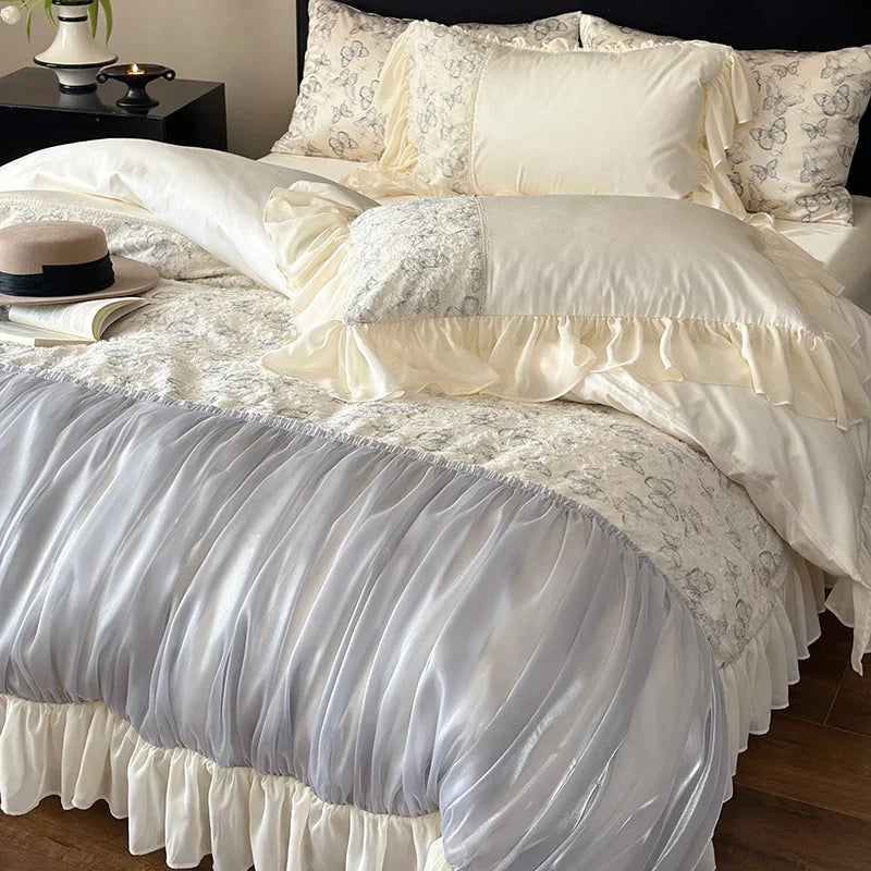 Afralia™ Romantic Ruffles Butterfly Lace Patchwork Bedding Set with 1000TC Egyptian Cotton