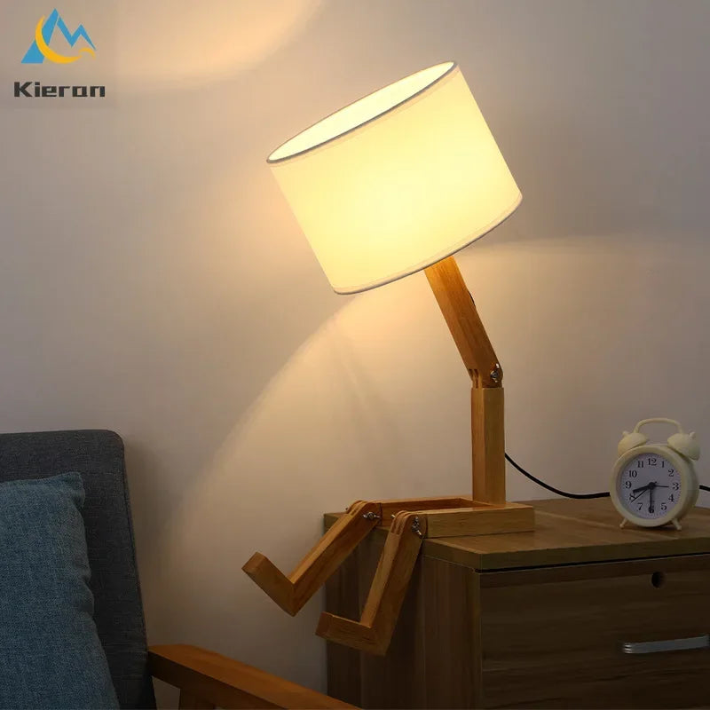 Afralia™ Solid Wood Doll LED Table Lamp for Bedroom Study Living Room