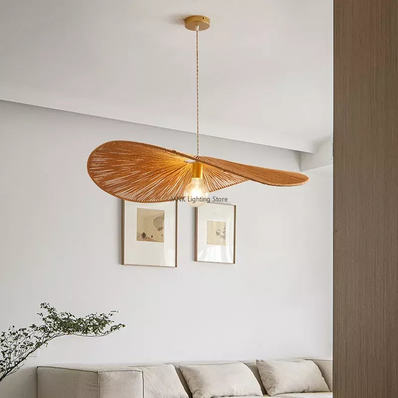 Afralia™ Hemp Rope Straw Hat Pendant Lights LED Decorative Lighting for Living Room and Restaurant