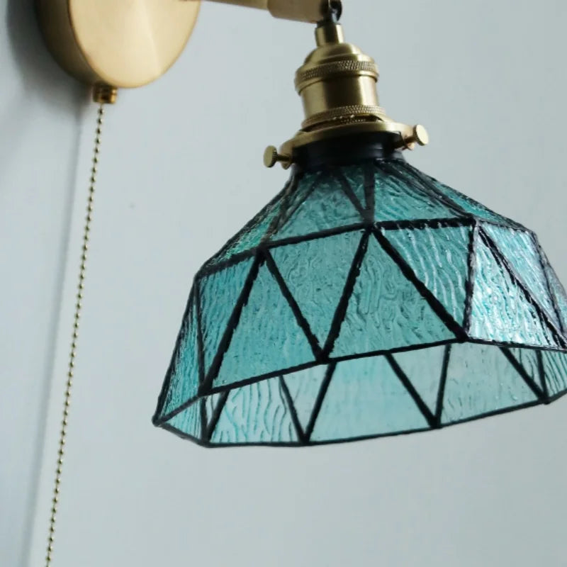 Afralia™ Tiffany Blue Glass LED Wall Sconce Rotate Copper Pull Chain Switch Light