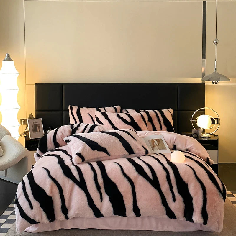 Afralia™ Winter Zebra Print Bedding Set: Thick Milk Velvet, Soft & Warm bed sheet, duvet cover, pillowcase