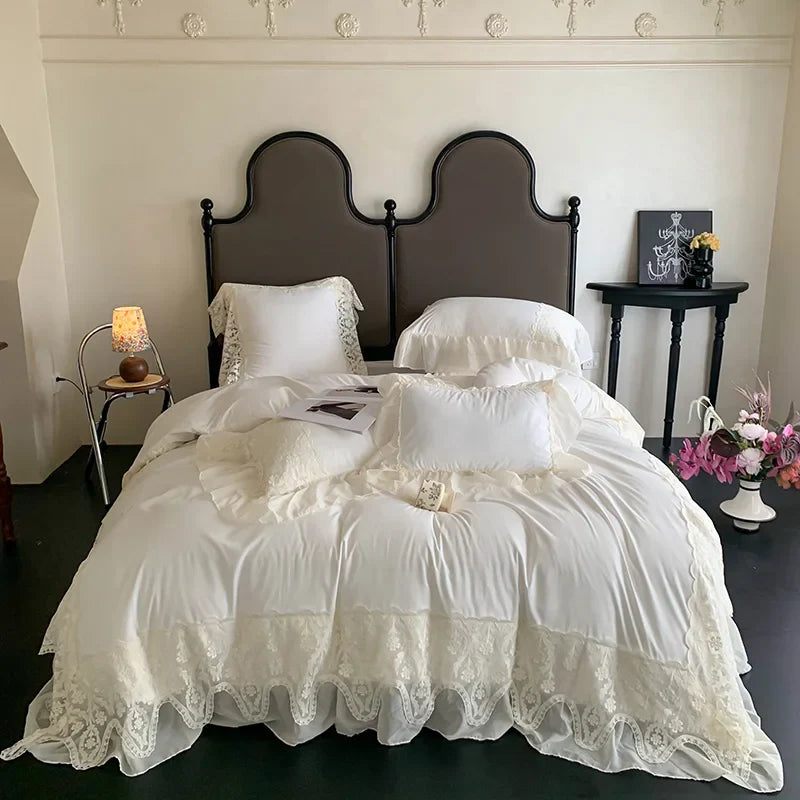 Afralia™ Romance Lace Ruffles Bedding Set 4Pcs, 200x230cm, Princess Wedding Theme