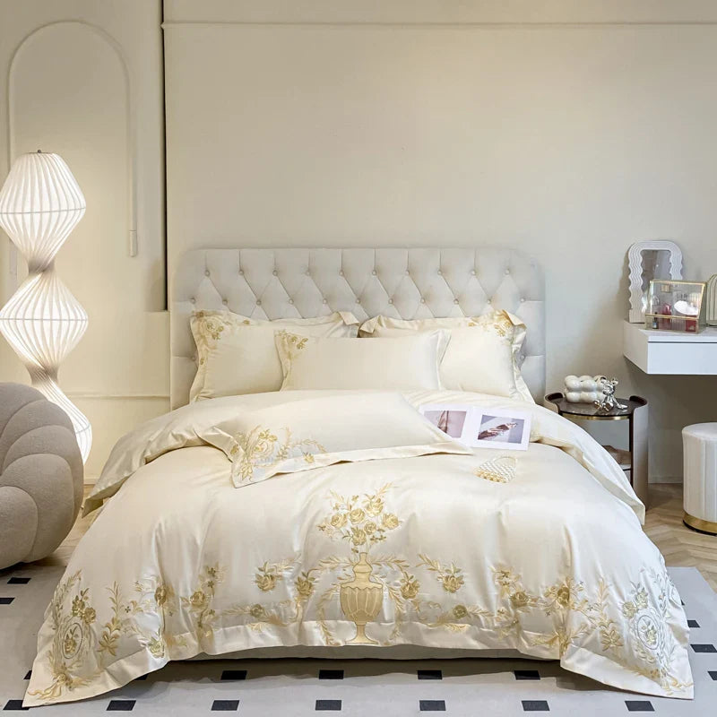 Afralia™ Luxury Gold Flowers Embroidery Cotton Bedding Set