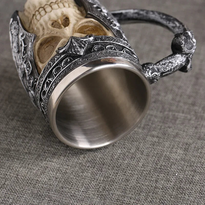 Gothic Skull Resin Stainless Steel Beer Mug by Afralia™ - Dragon Knight Tankard for Halloween and Christmas