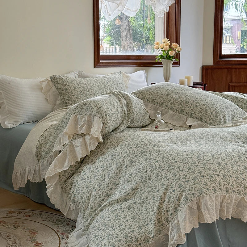 Afralia™ Elegant Floral Lace Ruffles Bedding Set with Double Yarn - Soft Cotton Blend