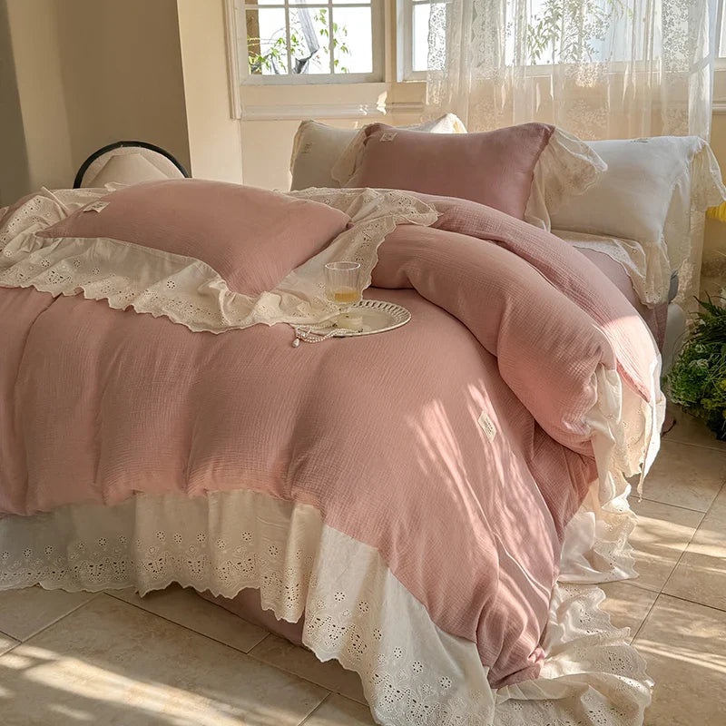 Afralia™ Lace Ruffles Princess Wedding Bedding Set in Pure Cotton Skin-friendly Fabric