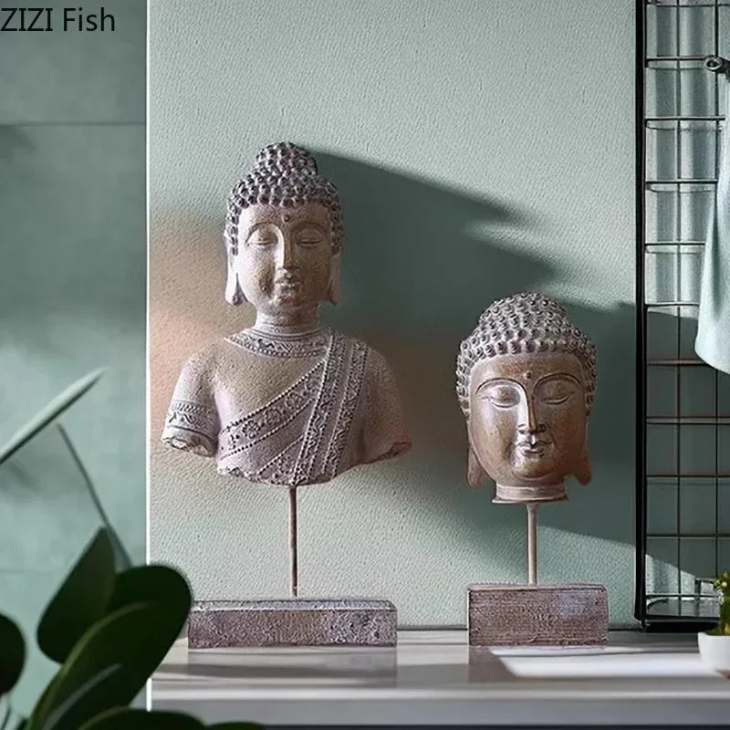 Afralia™ Buddha Head Statue Resin Sculpture Religious Desk Ornament Room Decor