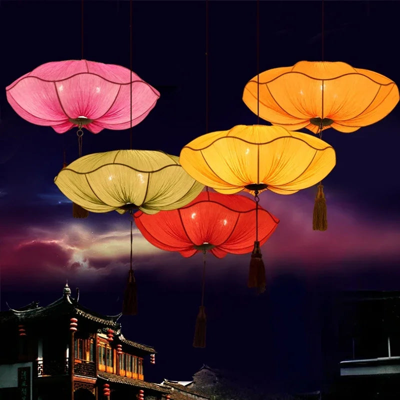 Afralia™ Lotus Leaf Lantern Pendant Light Handmade Fabric Hanging Lamp for Kitchen & Restaurant