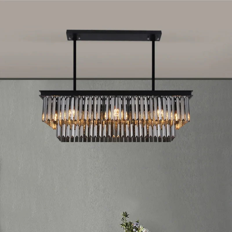 Afralia™ Crystal Pendant Light: Black Rectangular Dining Room Fixture, American Style Retro Design