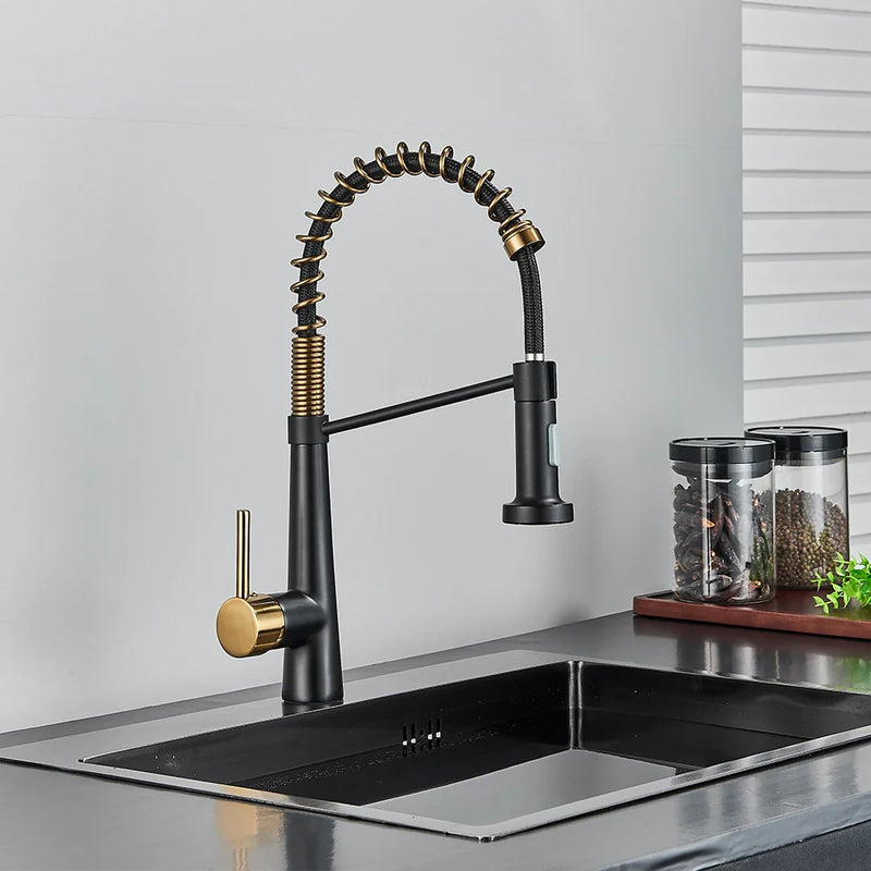 Afralia™ Black Gold Kitchen Faucet with Pull Down Sprayer