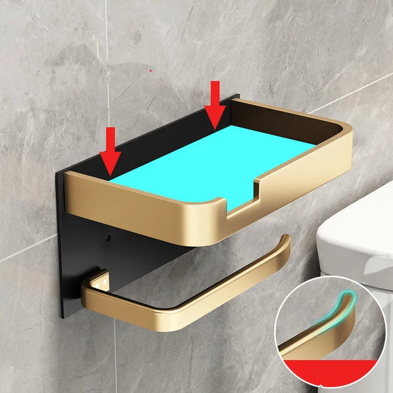 Afralia™ Toilet Paper Holder with Phone Holder Black/Gold Wall Mount Bathroom Rack