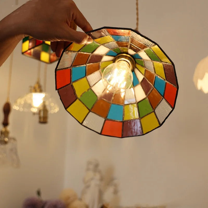 Afralia™ Walnut Wood LED Pendant Light Fixture with Colorful Glass Hang Lamp