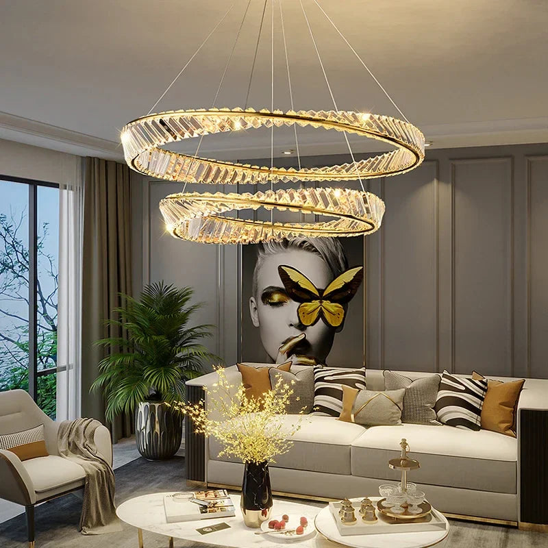 Afralia™ Luxury Gold LED Crystal Pendant Chandelier for Living & Dining Room Lighting