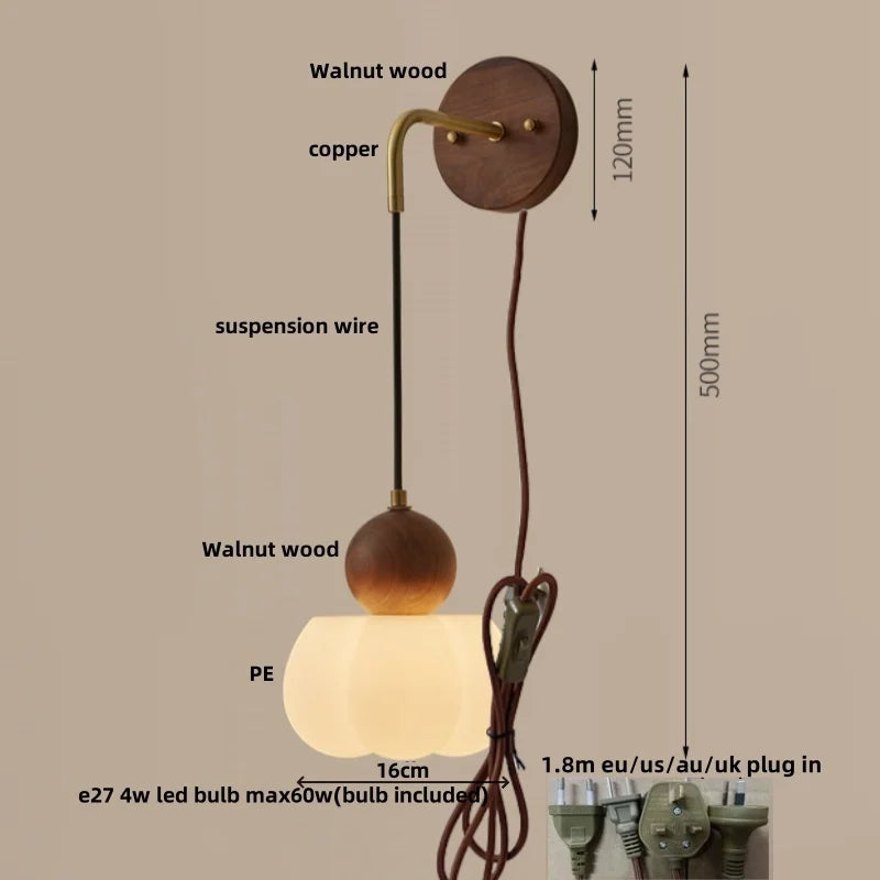 Afralia™ Walnut Wood LED Wall Sconce with Pull Chain Switch for Home Lighting