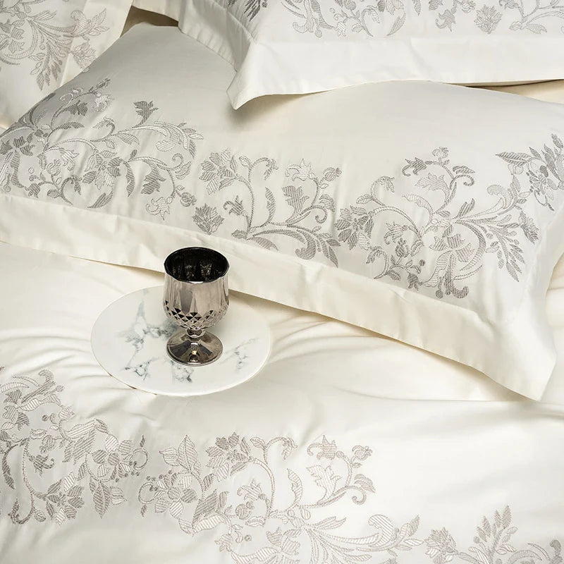 Afralia™ Luxury Embroidery Bedding Set: Pearl White 1000TC Egyptian Cotton Duvet Cover, Sheets, Pillowcases