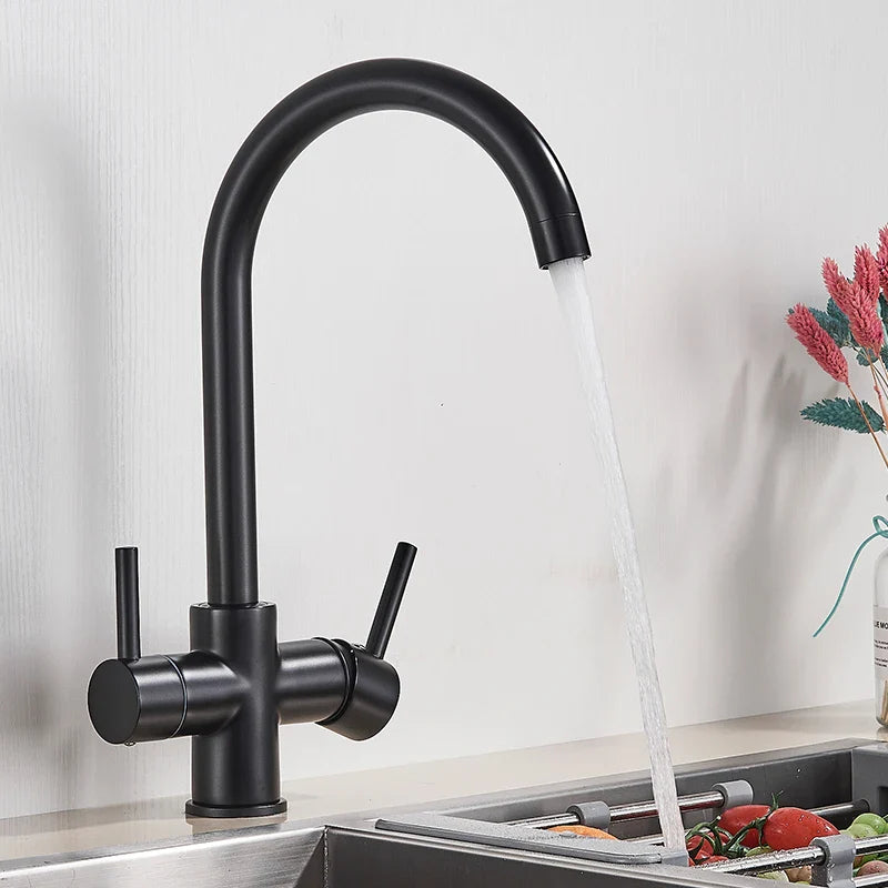 Afralia™ Black Purified Water Kitchen Faucet Hot Cold Mixer Dual Handles Drinking Water Tap