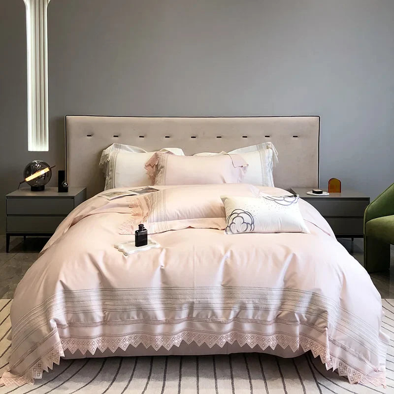 Afralia™ Champagne Embroidered Lace Bedding Set with 1000TC Egyptian Cotton Duvet Cover & Sheet
