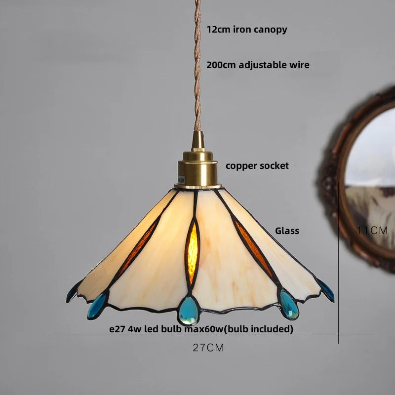 Afralia™ Walnut Wood LED Pendant Tiffany Glass Hanging Lamp - Vintage Dining Room Light