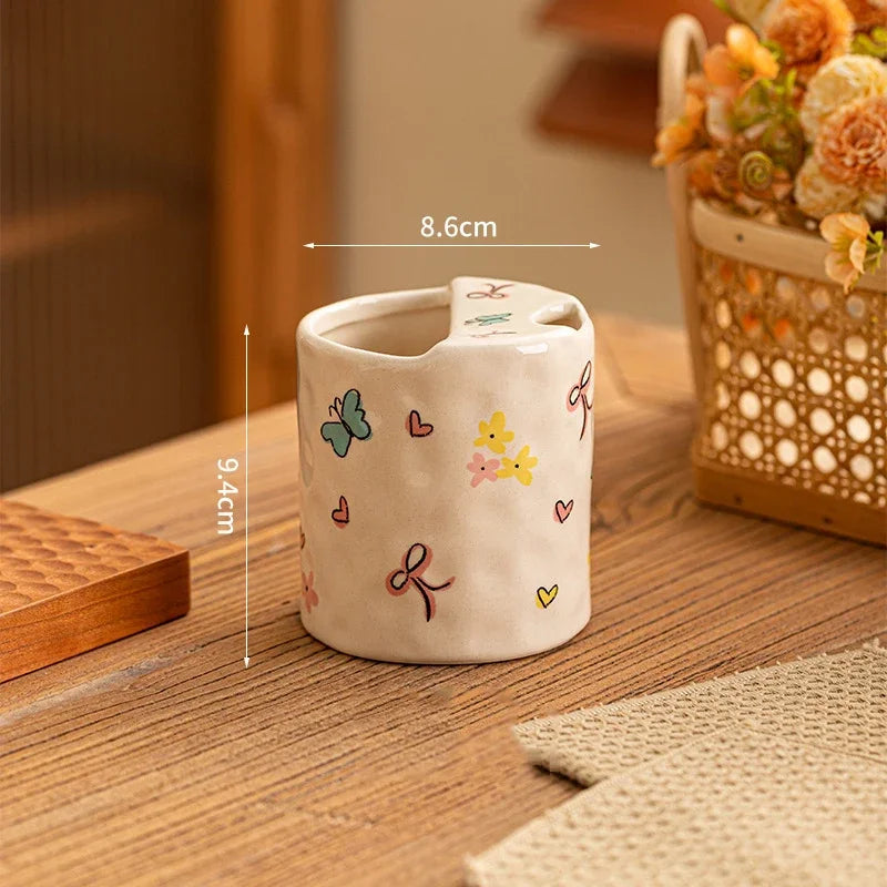 Afralia™ Bowknot Pattern Porcelain Coffee Mug, Cute Cartoon Design, Ideal for Tea and Juice.