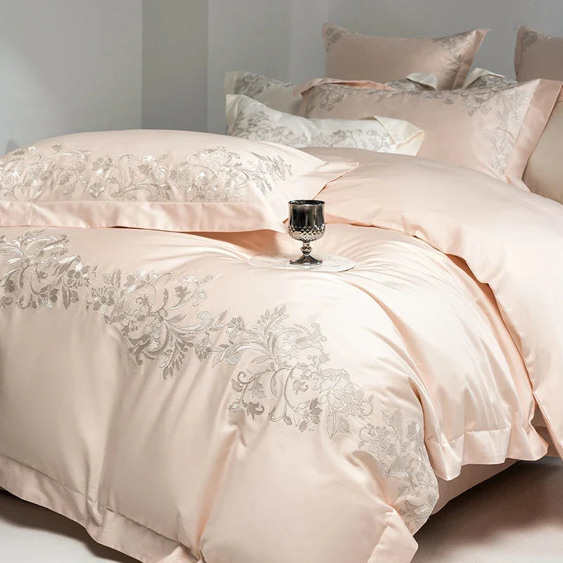 Afralia™ Luxury Embroidery Bedding Set: Pearl White 1000TC Egyptian Cotton Duvet Cover, Sheets, Pillowcases