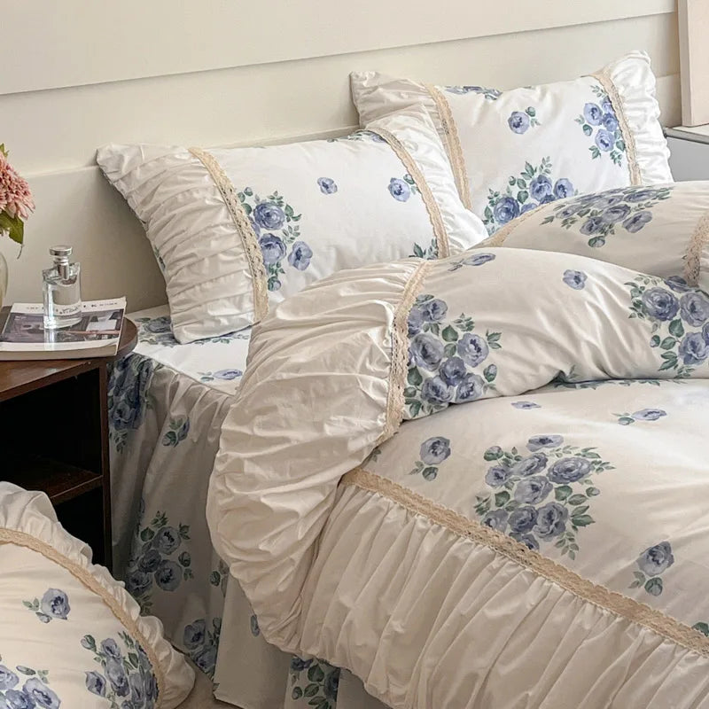 Afralia™ French Pastoral Princess Lace Bedding Set with Ruffles, 100% Cotton, Queen King