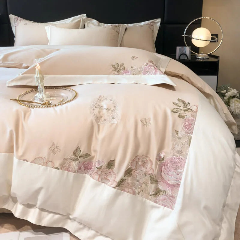 Afralia™ Rose Flowers Embroidery Bedding Set, Pink Egyptian Cotton, Luxury 4Pcs