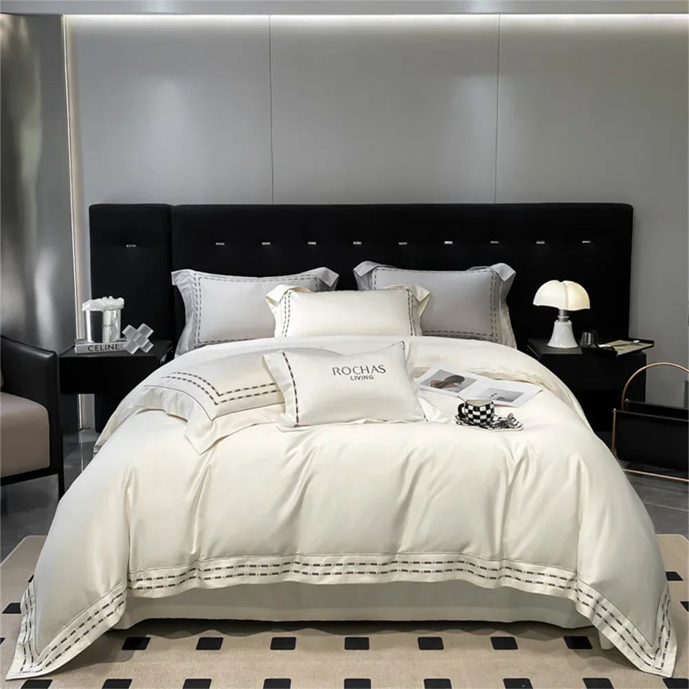 Afralia™ Nordic Silver Grey Embroidery 1000TC Egyptian Cotton Bedding Set - Queen King Size