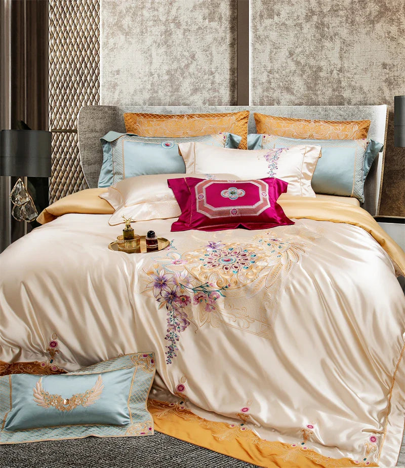 Luxurious Palace Flowers Embroidery Champagne Gold Brocade Bedding Set by Afralia™
