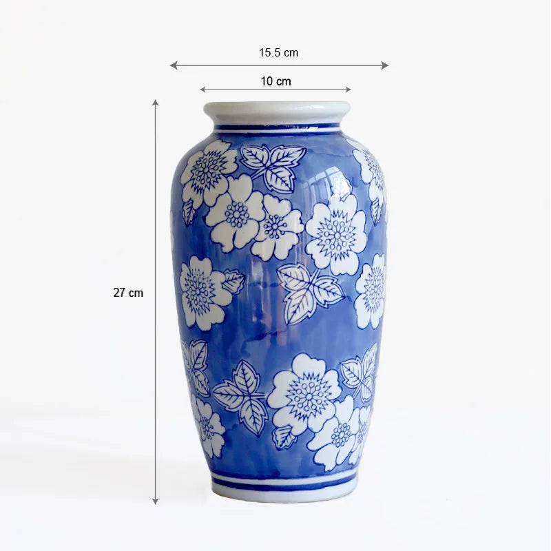 Afralia™ Blue White Porcelain Vase Vintage Ceramic Flower Home Decor Jar