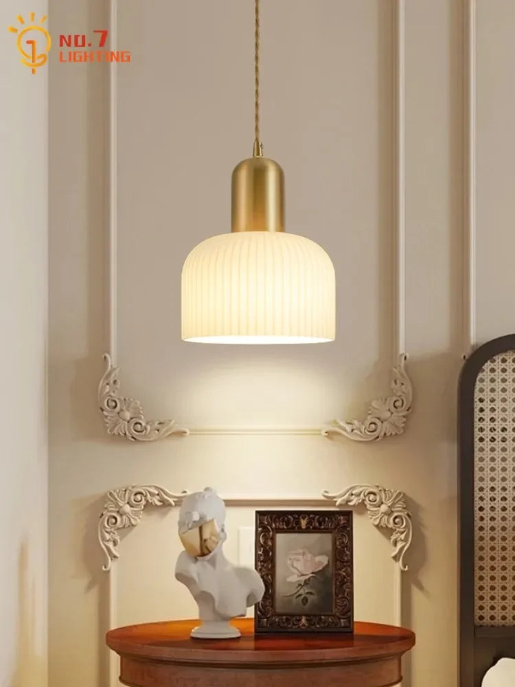 Cream Glass Copper Pendant Light LED E27 Modern Fixture for Bedroom, Living Room, Cafe by Afralia™