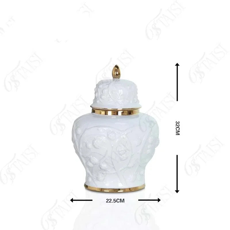 Afralia™ Embossed Flower Ceramic Ginger Jar Vase - Home Decor Storage Tank