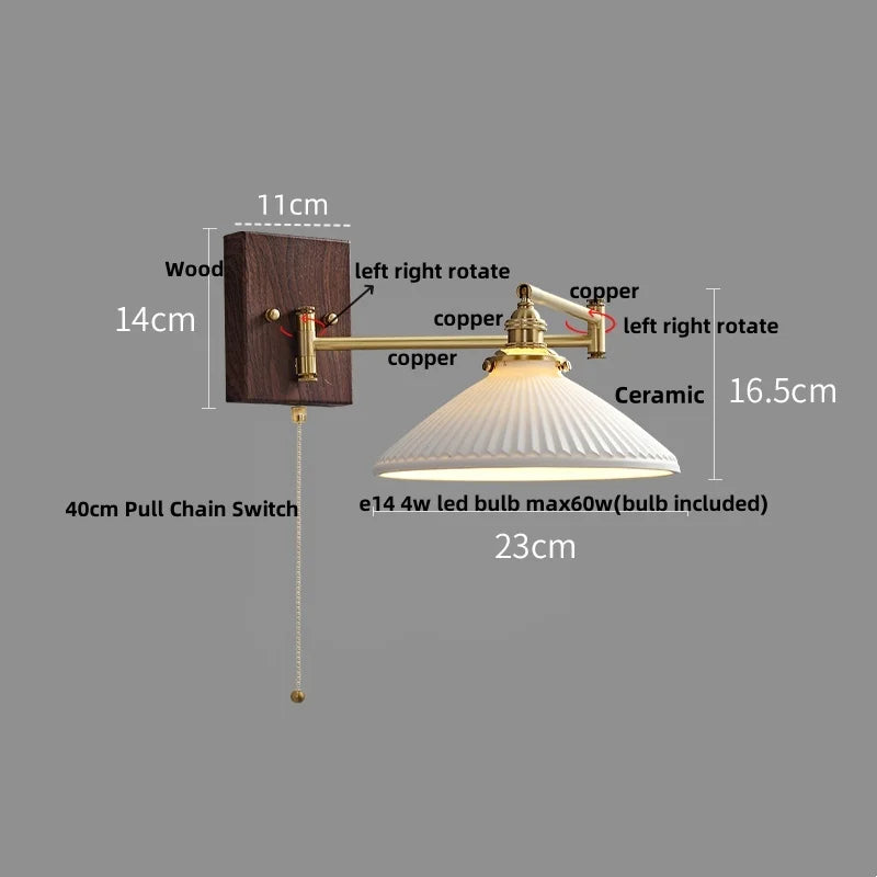 Afralia™ Wood Swing Arm LED Wall Light - Rotatable Bedroom Balcony Bedside Lamp