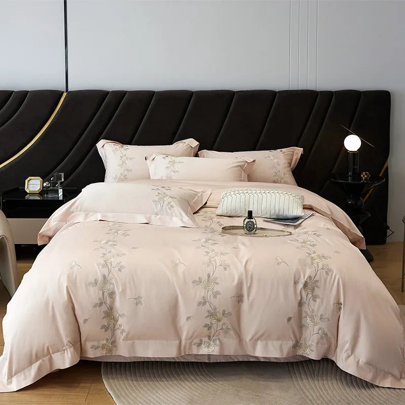 Afralia™ Rose Flowers Embroidery Luxury Egyptian Cotton Bedding Set