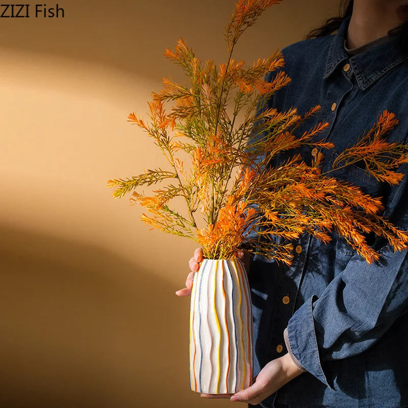 Afralia™ Striped Ceramic Vase for Table Decoration and Artificial Flower Arrangement