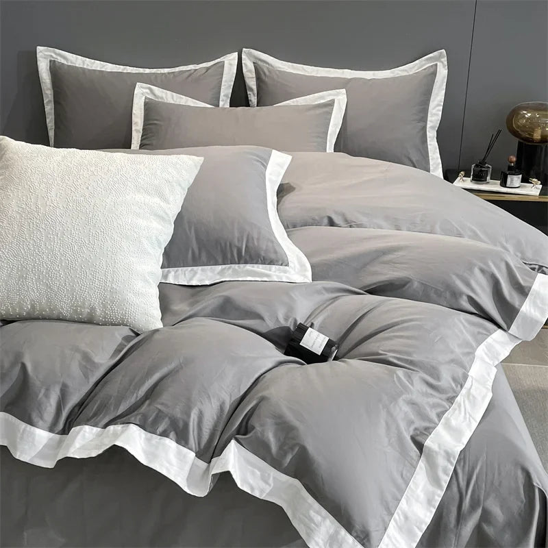 Afralia™ Luxury 60S Egyptian Cotton Hotel Bedding Set with Black Edge, Duvet Cover, Sheet, Pillowcases