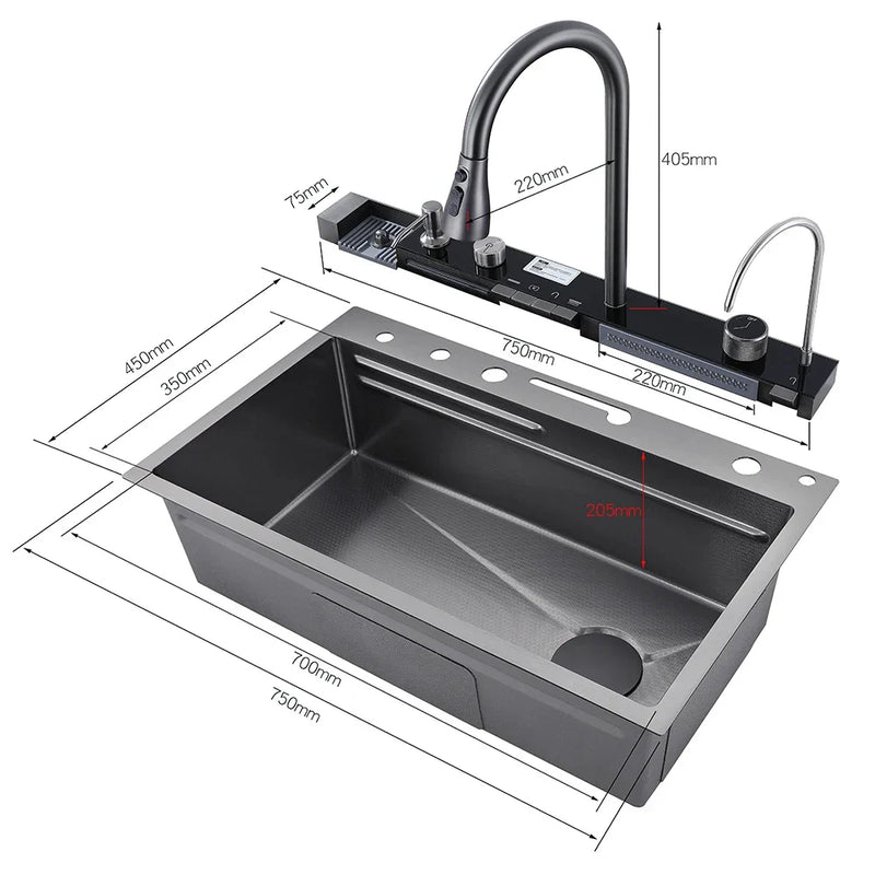 Afralia™ Stainless Steel Waterfall Kitchen Sink with Digital Faucet Set & Soap Dispenser