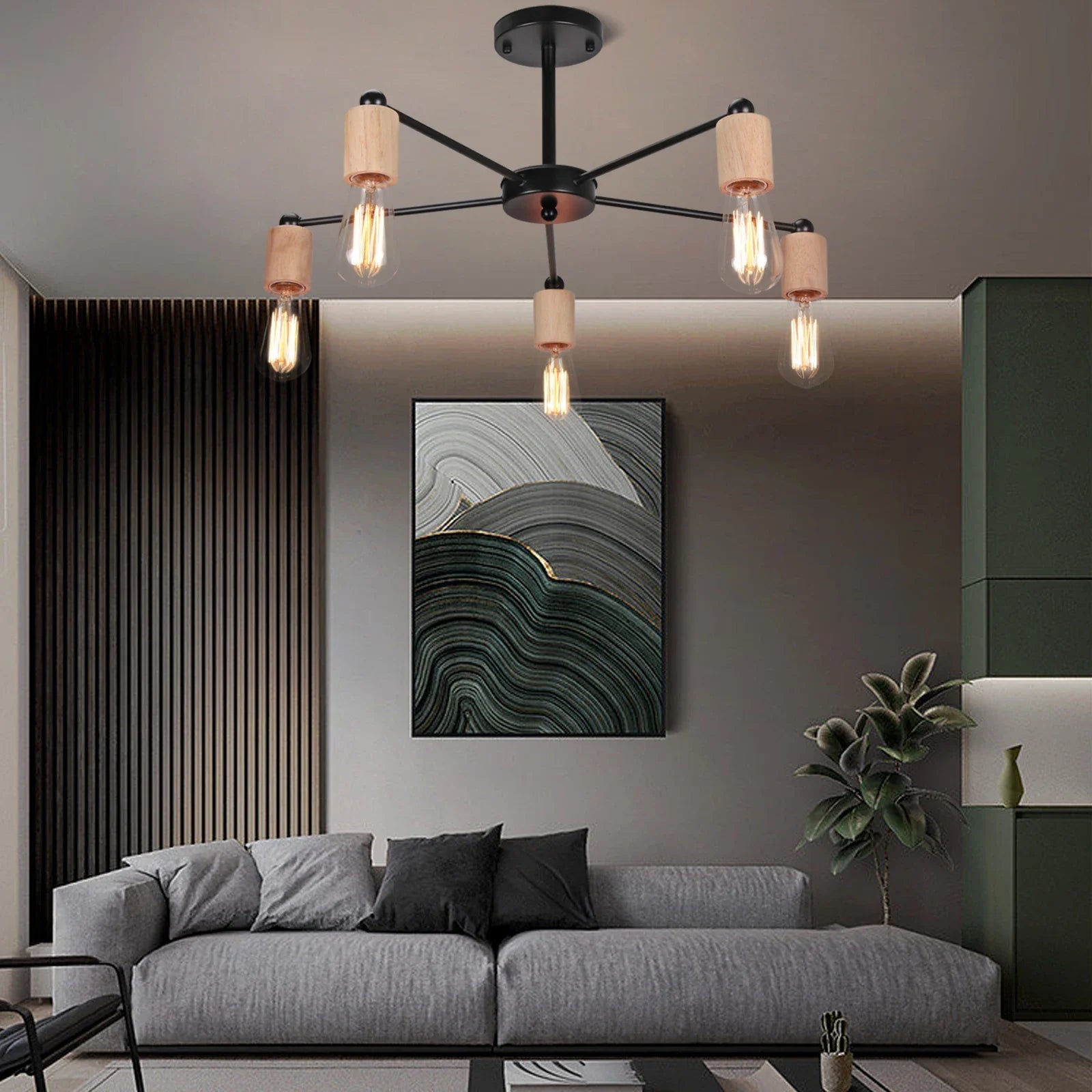 Afralia™ Industrial Rod Iron Wood Sputnik Chandelier Ceiling Lamp LED E27 Home Lighting